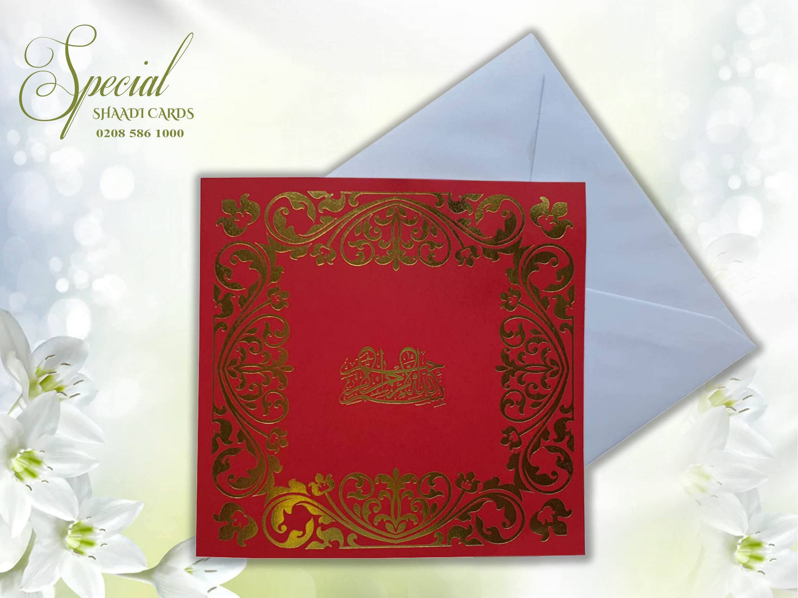 Red Foiled Square Wedding Card with White Envelope